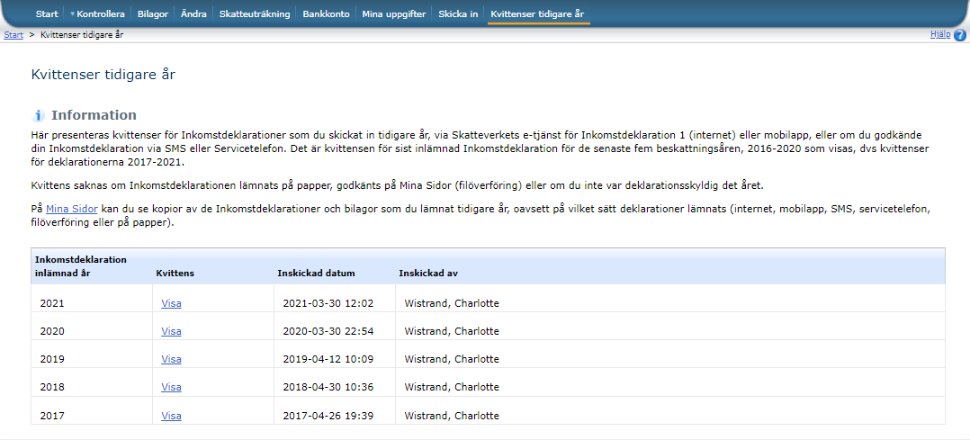 Image showing receipts for income tax returns filed in previous years, via e-service, mobile app, SMS or service telephone.